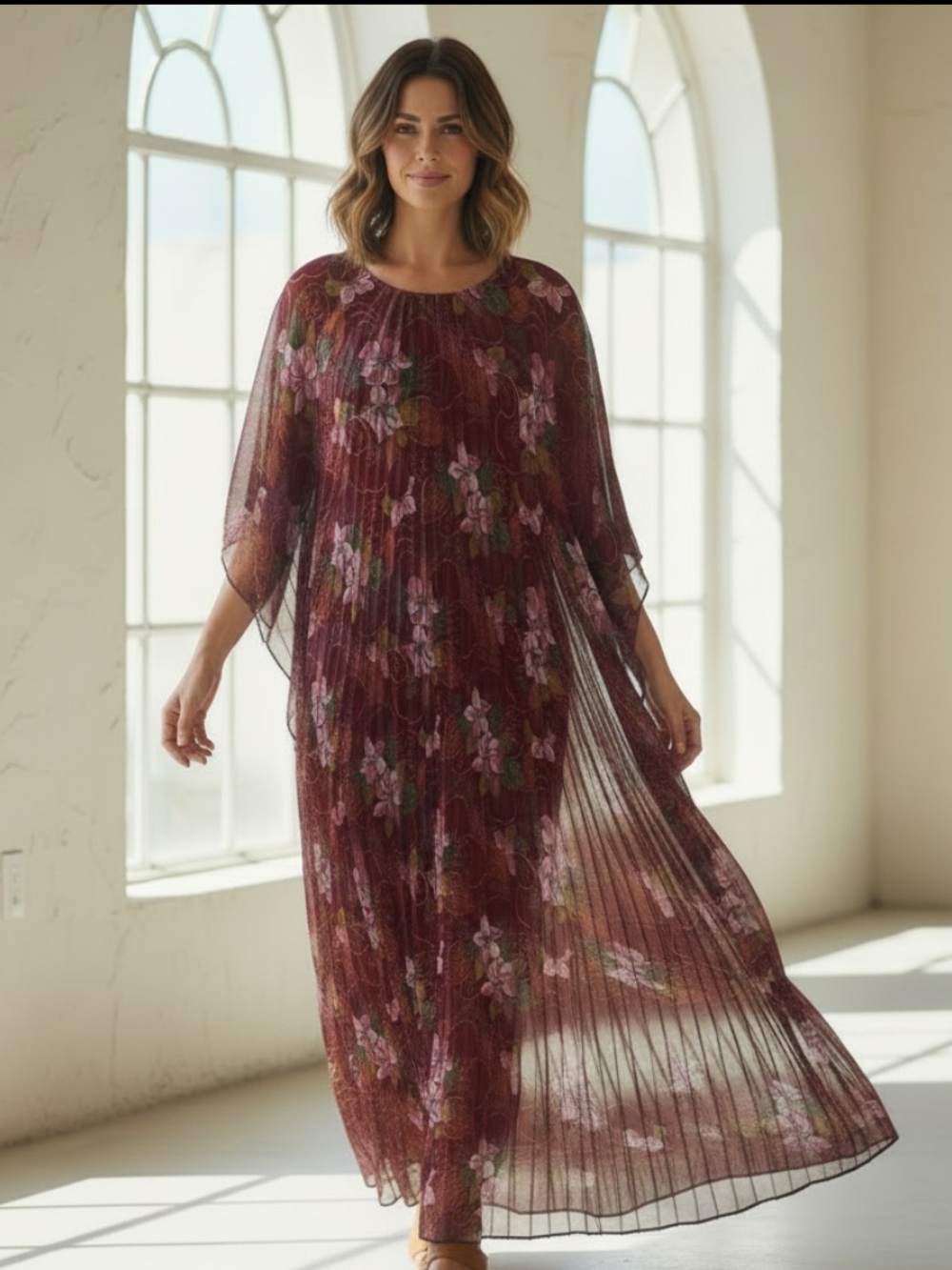 Vintage Burgundy Pink Floral Pleated Kaftan 1970’s